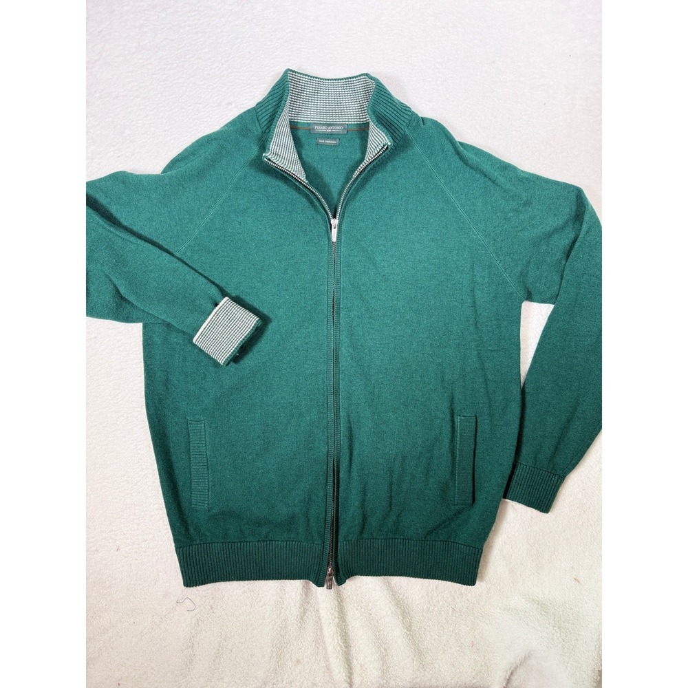 Fusaro Antonio Wool Cashmere Full Zip Sweater Green Men's Large Mock Neck‎